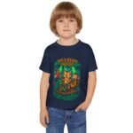 Toddler wearing a Jungle Wild Beats Toddler T-Shirt with colorful jungle animal band illustration