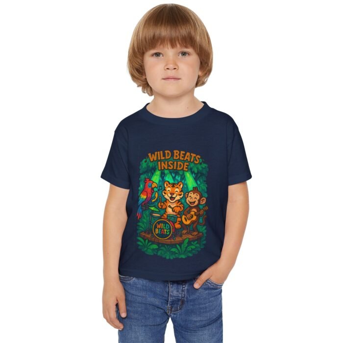 Toddler wearing a Jungle Wild Beats Toddler T-Shirt with colorful jungle animal band illustration